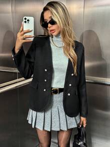 Chiquease Women's Cardigan With Ruffle Trim, Decorative Buttons And Faux Pockets, Autumn Winter Fall Cloth For Women - Black - View 4