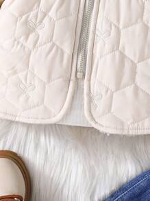 Baby Girl Winter Thick Hooded Jacket, Warm Plus Fleece Thick , Hexagon Stitching, Bow Embroidery Design, Casual Outdoor Wear - Apricot - View 5