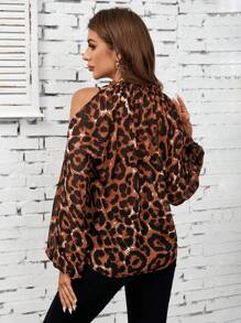 SHEIN Clasi Women's Leopard Print Off Shoulder Long Sleeve Casual Blouse, Spring Autumn - Rust Brown - View 2