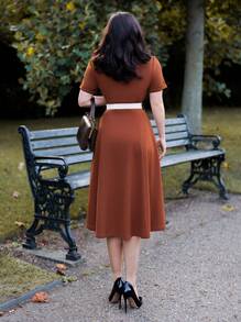 Vintamour Vintage Elegant Women Summer Autumn Fitted Colorblock Collar Dress With Bow Short Sleeve Flared Dress Thanksgiving Women Outfit Fall Clothes Elegant Women Dresses Valentine Day Summer Birthday Dresses For Women Dresses For Women Elegant Bow Valentine Day Summer Outfits For Women Church Clothes Women