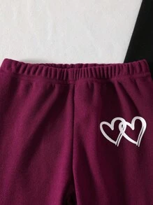 SHEIN 2 件女童心形纯色印花圆领长袖上衣和休闲裤套装，春秋 - 彩色 - 查看 8