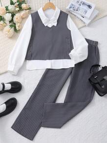 SHEIN 3 件套青少年女孩春秋季蝴蝶装饰长袖衬衫、条纹背心和裤子休闲装 - 深灰色 - 查看 6