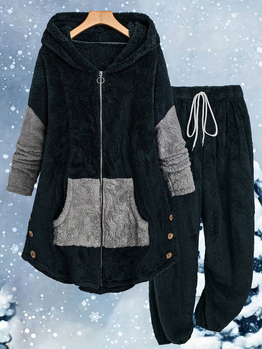 Conjunto de 2 piezas de moda talla grande en colores contrastantes con parches de peluche, para otoño e invierno - Verde Oscuro - Ver 1