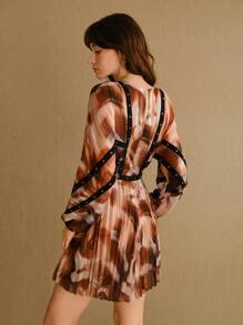 MOTF STUDIO STUDDED PATCHWORK BISHOP SLEEVE PLEATED DRESS - Coffee Brown - View 6