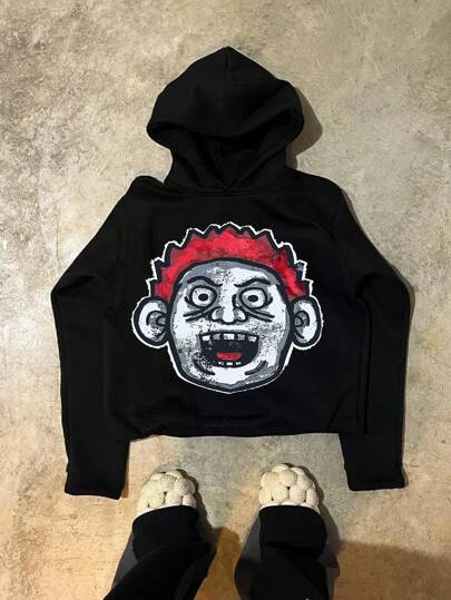 Manfinity Dauomo Men Plus Size Cartoon Figure Graphic Hooded Crop Sweatshirt