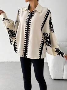 Chiquease 女士不对称复古花卉印花宽松灯笼袖蝙蝠领休闲衬衫，秋冬衬衫