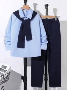 3pcs/Set Tween Boys' Casual Striped Collared Long Sleeve Loose Open Front Shirt, Solid Color Straight Leg Pants And Scarf, Suitable For School, Garden, Beach, Birthday In Spring, Summer, Autumn And Winter Seasons - Multicolor - View 3