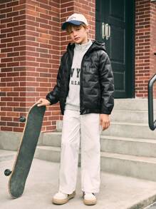 SHEIN Abrigo casual acolchado con capucha con cremallera y textura para niño preadolescente