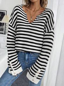 SHEIN LUNE Sweater Rajut Kasual Longgar Berkerah V dengan Kancing, Motif Garis Kontras untuk Wanita, Pullover Rajut Musim Gugur/Musim Dingin - Hitam dan Putih - View 1