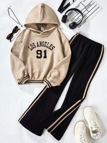 SHEIN 2pcs Set Teen Girls' Letter Print Long Sleeve Hoodie Sweatshirt & Flare Pants Casual Outfit, Spring & Autumn