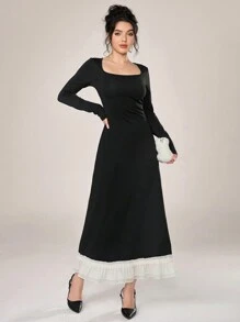 Modelyn Women's Solid Square Neck Elegant Long Sleeve Dress