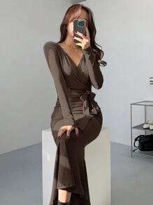DAZY Women Solid Color Wrap Tie Waist Midi Dress, Spring/Summer/Autumn