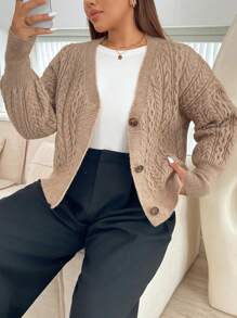 SHEIN Essnce 大码女式针织休闲开衫，温暖舒适 - 卡其色 - 查看 5