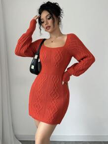 Calvaya Square Neck Solid Color Casual Long Sleeve Sweater Dress