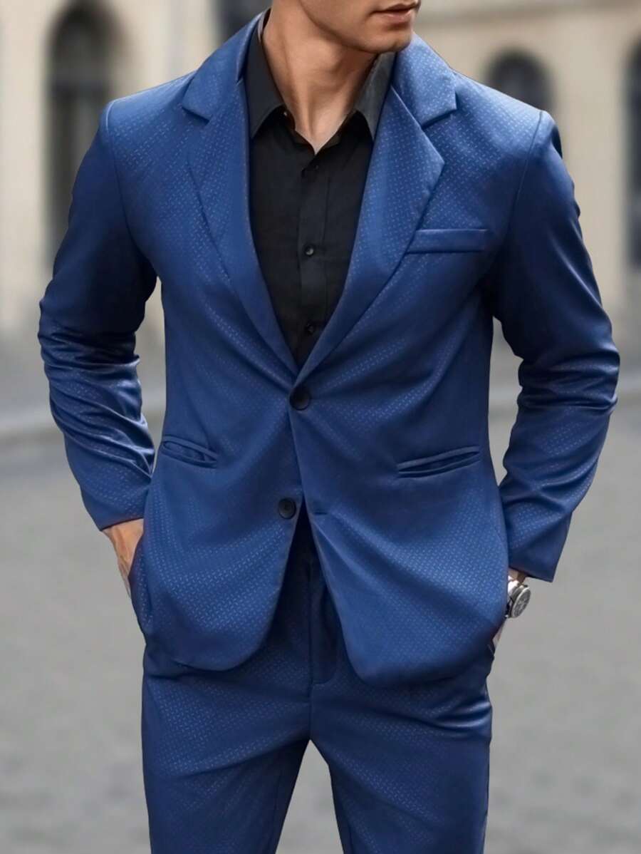 Manfinity Mode Conjunto de traje de 2 piezas para hombre - Chaqueta de manga larga con solapa y pantalones casuales de pierna recta - Azul Marino - Ver 1