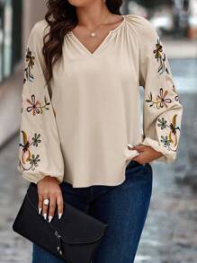 SHEIN LUNE Plus Embroidery Floral Pattern Lantern Sleeve Blouse - Apricot - View 6