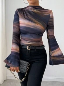 Calvaya Tie-Dye Print Asymmetric Pleated Collar Flared Sleeve T-Shirt Graphic Tees Women Tops