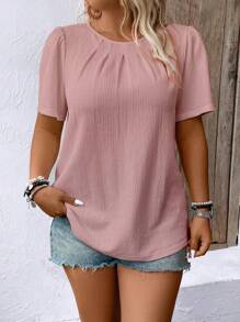 EMERY ROSE Plus Size Women Casual Solid Color Crew Neck Ruched Short Puff Sleeve Blouse - Pink - View 3