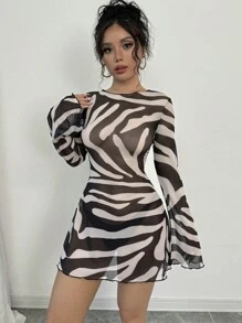 Firerie Vestido mini con mangas acampanadas, estampado de cebra transparente, espalda descubierta y cordones, elegante y sexy para vacaciones, escuela y temporada