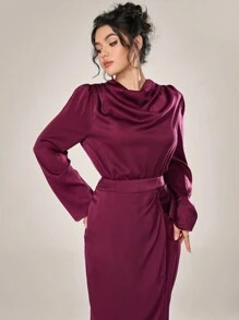 Modelyn 勃艮第红色 2 件女式纯色围脖领衬衫和迷你裙优雅套装，春秋两件套 - 酒紅色 - 查看 5