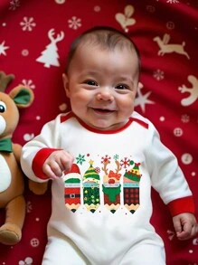 Pelele de manga larga con estampado de árbol de Navidad de tema navideño para bebé/recién nacido unisex, mono de invierno - Blanco - Ver 1