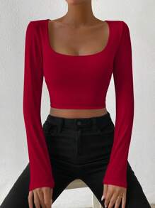 Chiquease Solid Color Crew Neck Sexy Slim Fit Long Sleeve T-Shirt - Burgundy - View 4