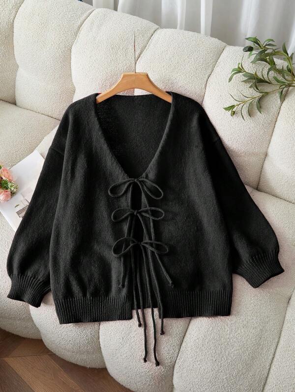 Flirla Große Größen Neu V-Ausschnitt Bindeband Vorne Lässiger Langarm Strickjacke, Winter