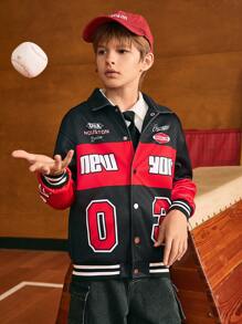 SHEIN Tween Boys Cool Casual Print Baseball Jacket - Red - View 9