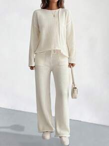 Chiquease 极简主义时尚露肩不对称下摆宽松毛衣和直筒裤套装带口袋，适合秋冬季的欧洲风格 - 米色 - 查看 1