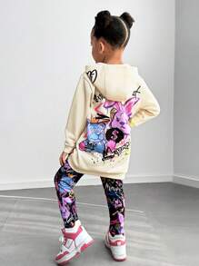 SHEIN Conjunto de 2 piezas para niña: sudadera con capucha y estampado gráfico divertido & leggings, adecuado para otoño/invierno, diario, casual, deportes, ropa urbana