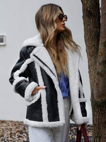 Aveloria Affinna Autumn/Winter New Pu Splicing Faux Thermal Lined Streetwear Jacket, Thermal Lined Motorcycle Coat For Women - Black - View 6