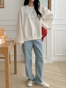 DAZY Women's Crew Neck Long Sleeve Minimalist Casual Letter Print Sweatshirt - Beige - View 2