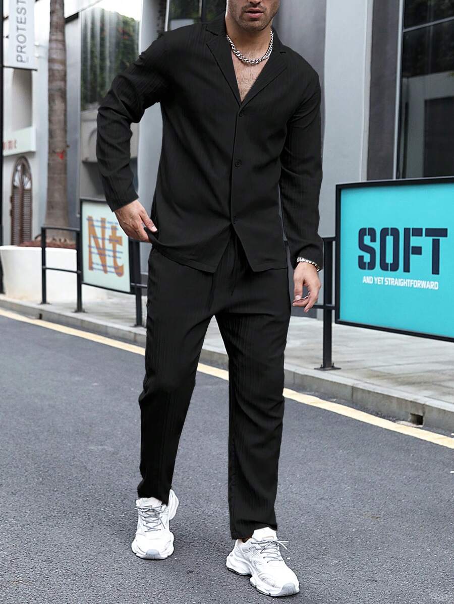 Manfinity Homme Men's Casual Solid Color Long Sleeve Shirt And Pants 2pcs Loose Suit, Spring & Autumn, Fall Clothes - Black - View 1