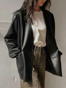 DAZY Women's Loose Fit PU Moto Jacket Leather Jacket - Black - View 1