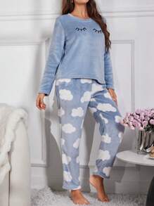 Eyelash Embroidery Flannel Long Sleeve Pajama Set