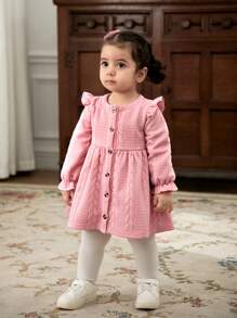 Cozy Pixies Baby Girl Wheat Ear Pattern Round Neck Ruffle Hem Long Sleeve Waist Dress - Pink - View 9
