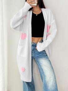Flirla Cárdigan de manga larga de color liso sencillo con estampado de corazón
