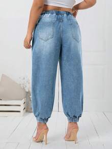 SHEIN Essnce Quần Jeans Ống côn rách rách có túi eo rút cỡ lớn thường ngày - Rửa nhẹ - Xem 2
