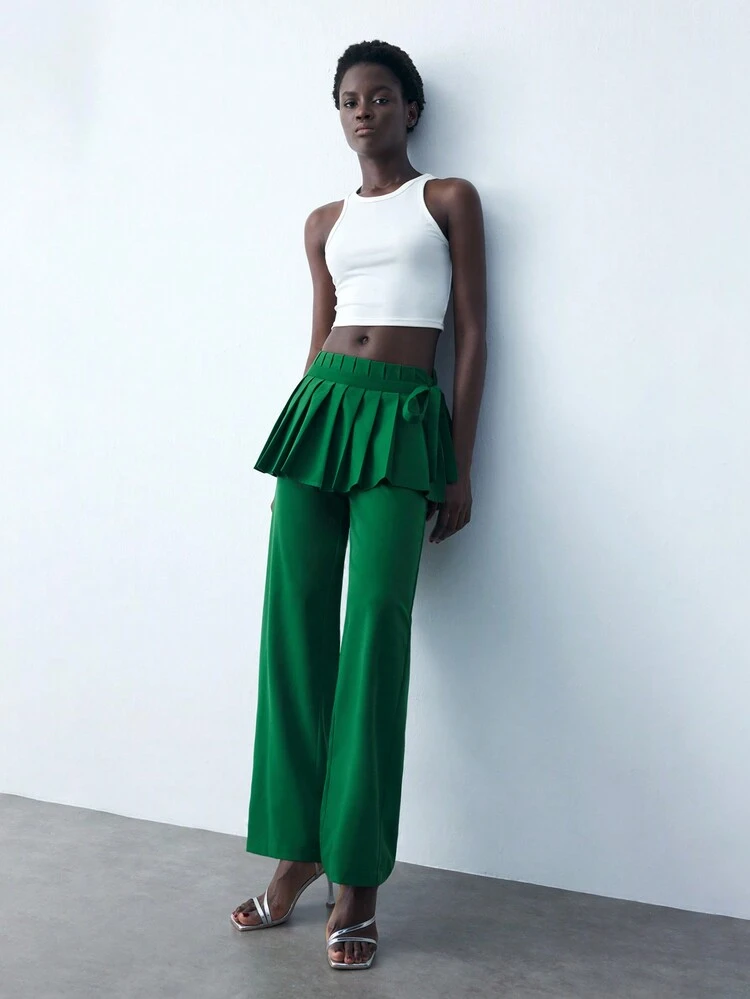 SHEIN Maija Women's Solid Green Tie-Up Pleated Simple Casual Pants, Autumn/Winter