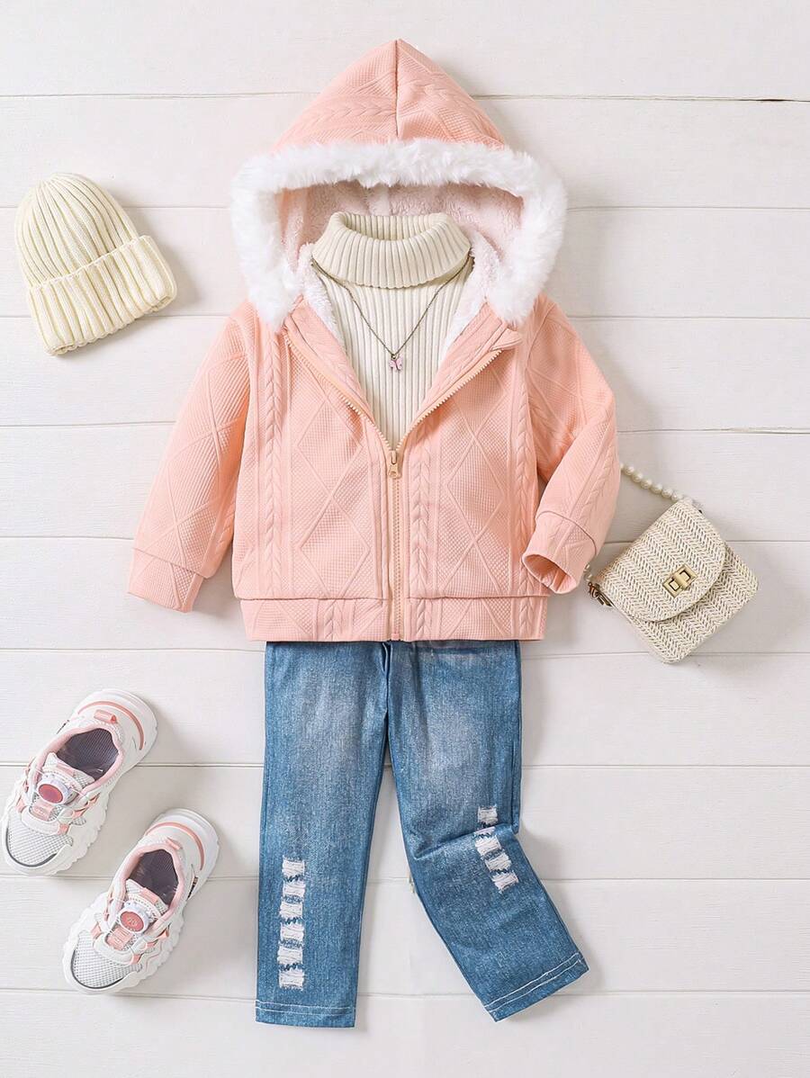 女孩休闲菱形图案连帽拉链开衫毛衣和牛仔裤 2 件套服装，秋冬 - 彩色 - 查看 1