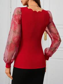 SHEIN Clasi 女士纯色外壳饰边网眼拼接长袖休闲 T 恤 - 紅色 - 查看 2