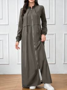 Al Najma Thời trang nữ giản dị thanh lịch quyến rũ dài tay có khóa kéo abaya, giản dị thể thao cổ đứng khóa kéo phía trước abaya cho thường ngày/công sở/trở lại trường học - Màu xám đen - Xem 4
