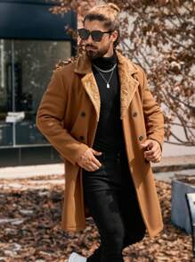 Manfinity CasualCool Chaqueta casual de doble botonadura de unicolor para hombres, para el otoño/invierno, combina y combina la ropa de otoño para hombres, abrigo caqui de invierno para hombres, abrigo cálido de felpa