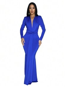Women's Solid Color Deep V-Neck Twist Design Long Sleeve Cocktail Party Dress Wedding Guest Dress Spring - Royal Blue - View 6