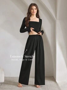 Ocili 2 件套柔软长袖上衣和裤子带拇指孔家居服套装 - 黑色 - 查看 1