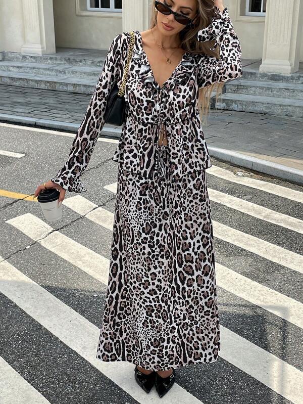 SHEIN Frenchy 2pcs Women's Leopard Print Blouse With Ruffle Hem Tie Front And Long Maxi Skirt Set, Women's Fall And Winter Leopard Print Two-Piece Set Front Tie Floating Half-Body Skirt/Shirt Two-Piece Set Fall And Winter Clothes,Leopard Costume,Winter Women Clothes  Leopard Fall Two-Piece  Party Women Two-Piece  Long Fall Two-Piece Black Long Sleeve Two-Piece Leopard Two-Piece Leopard Print Lantern Sleeve Ruffle Hem Belted Two-Piece