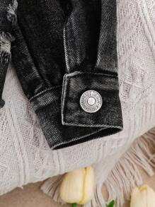 SHEIN Baby Girl Slogan Graphic Ripped Raw Hem Denim Jacket - Black - View 6