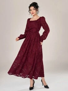 Modelyn 勃艮第红女士方领长袖褶皱长裙，休闲日常穿着 - 酒紅色 - 查看 7