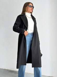 SHEIN PETITE Women's Solid Lapel Neck Belted Overcoat - Black - View 4