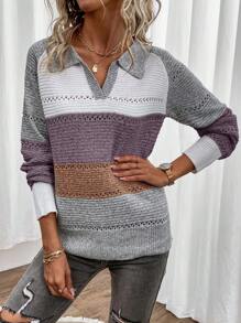 SHEIN LUNE Solid Color Patchwork Long Sleeve Minimalist Sweater, Casual Everyday Wear - Multicolor - View 7